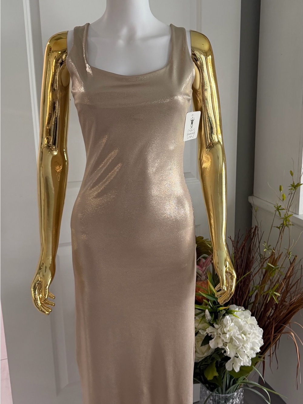 Sazaxa Metallic Champagne Maxi Tank Dress S NWT
